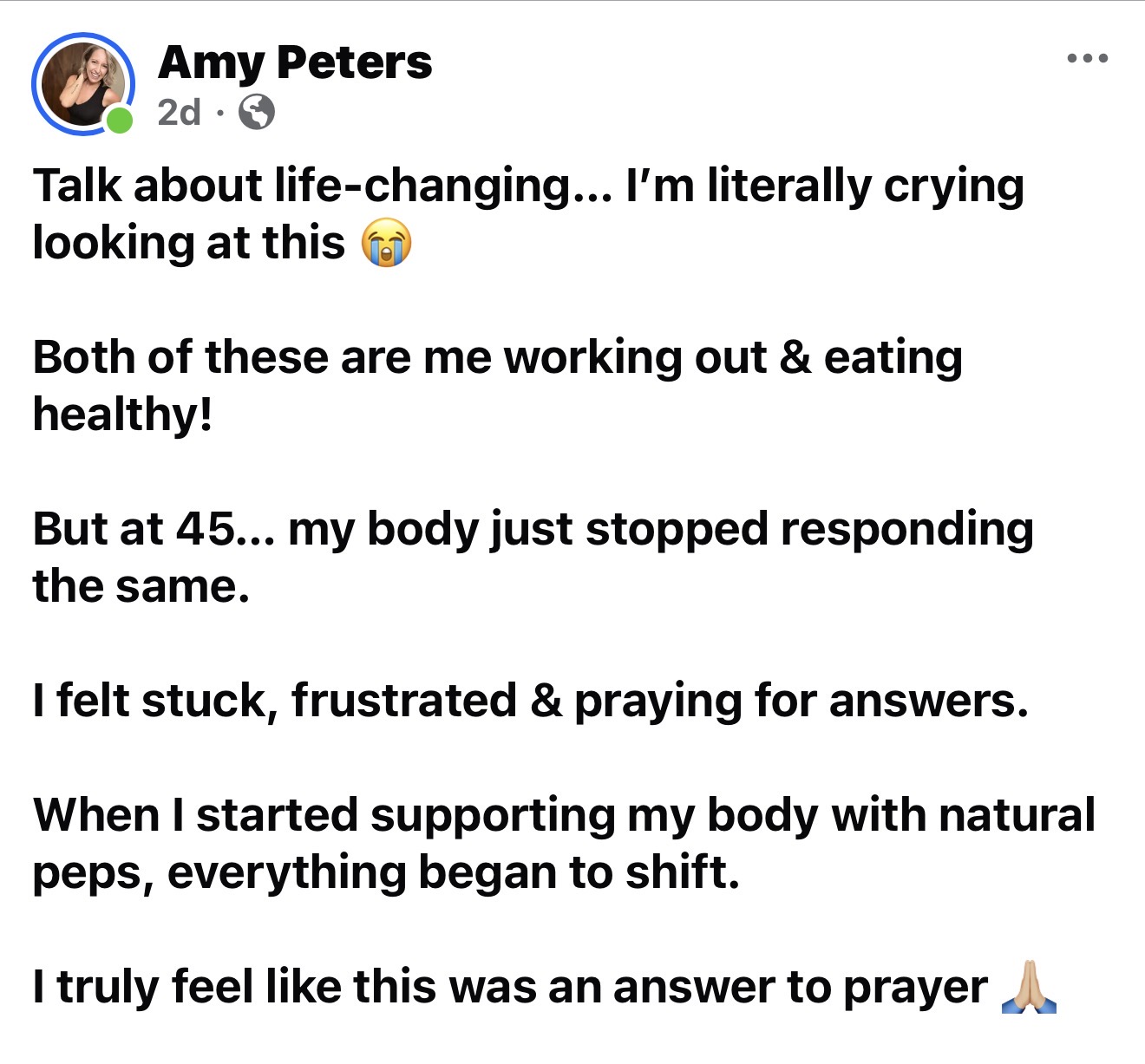 Amy's testimonial — body transformation at 45 with natural peptides