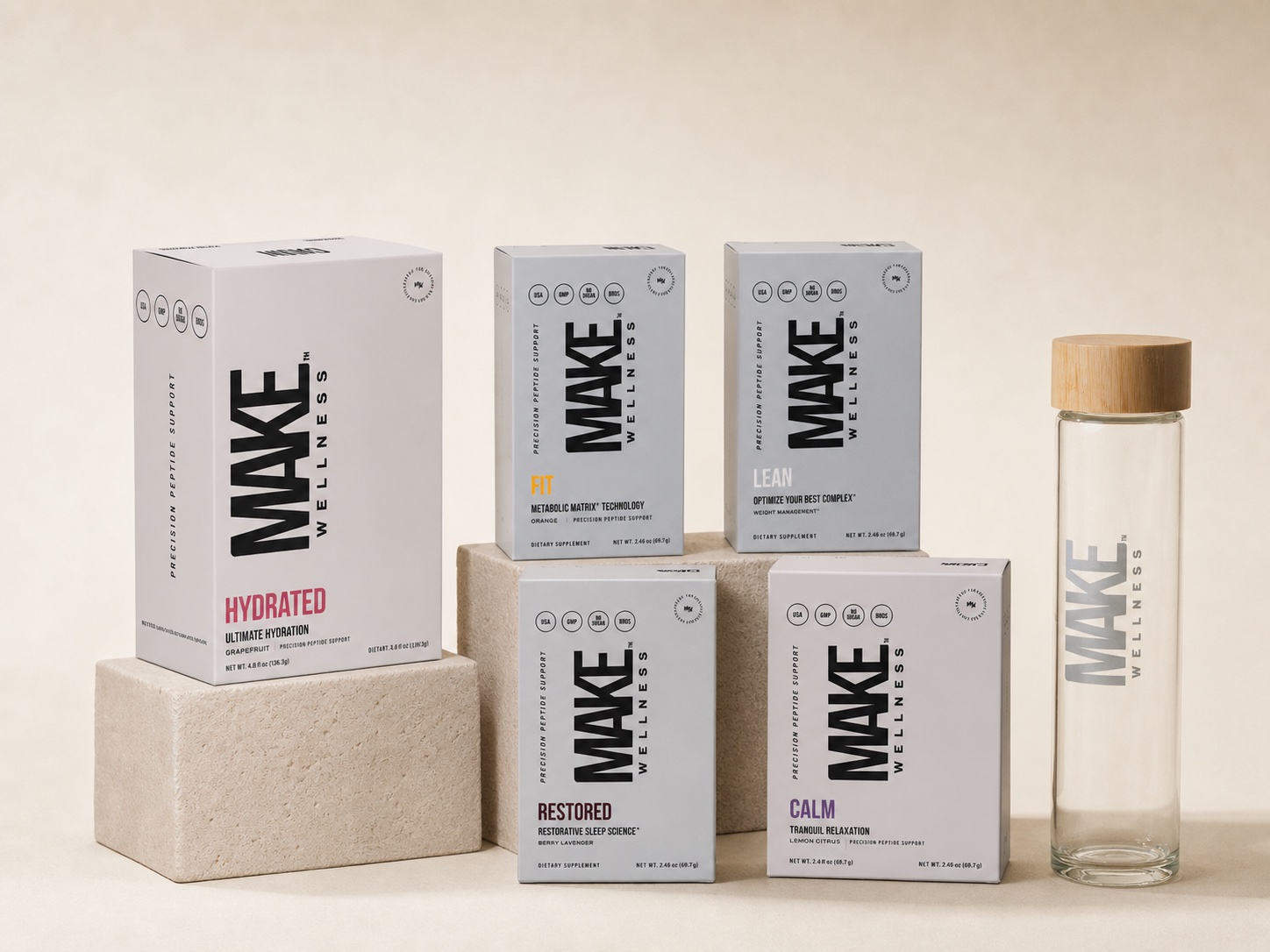 Protocol + Hormone Stack — Hydrated, Fit, Lean, Restored, Calm boxes with MAKE bottle