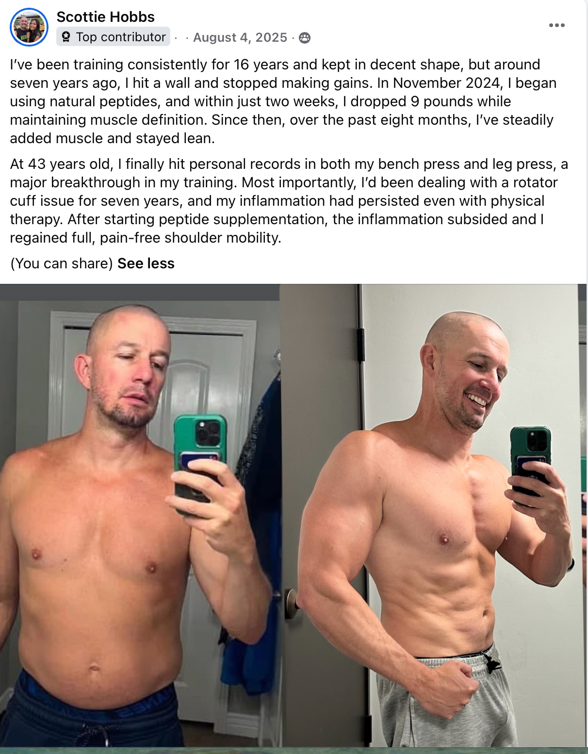 Scottie — before and after Protocol, gained muscle definition and healed shoulder at 43