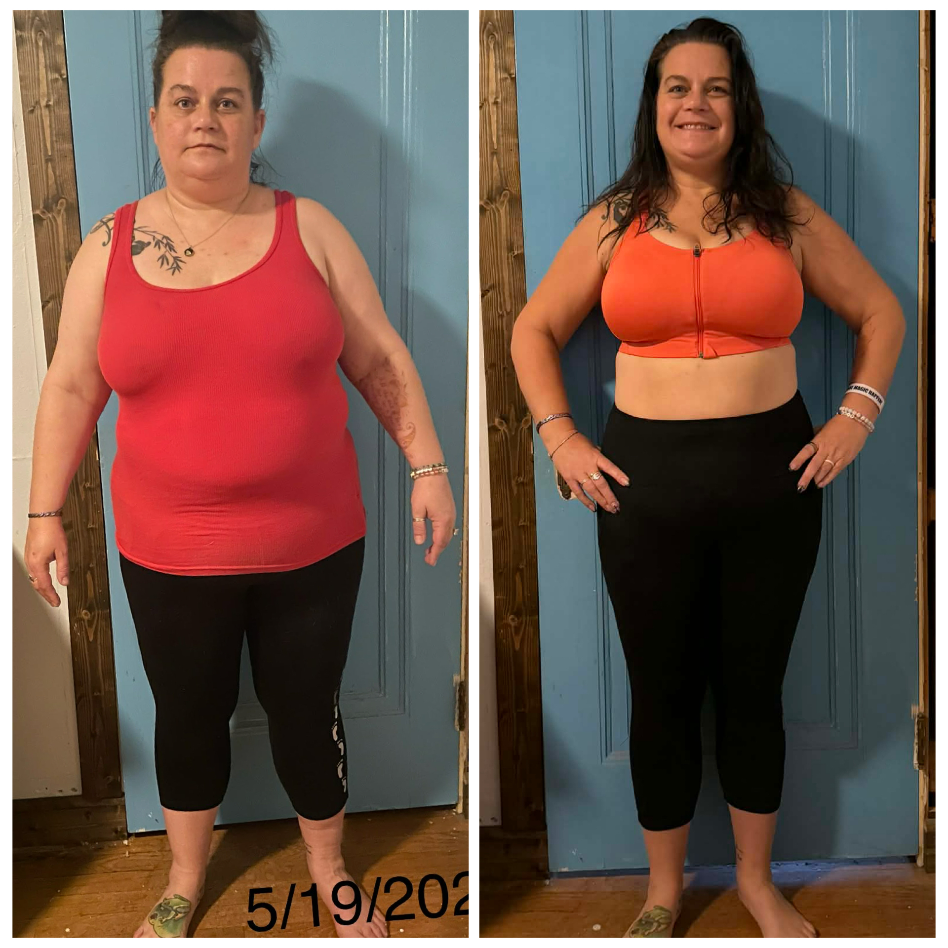 Tara — red tank to orange bra transformation