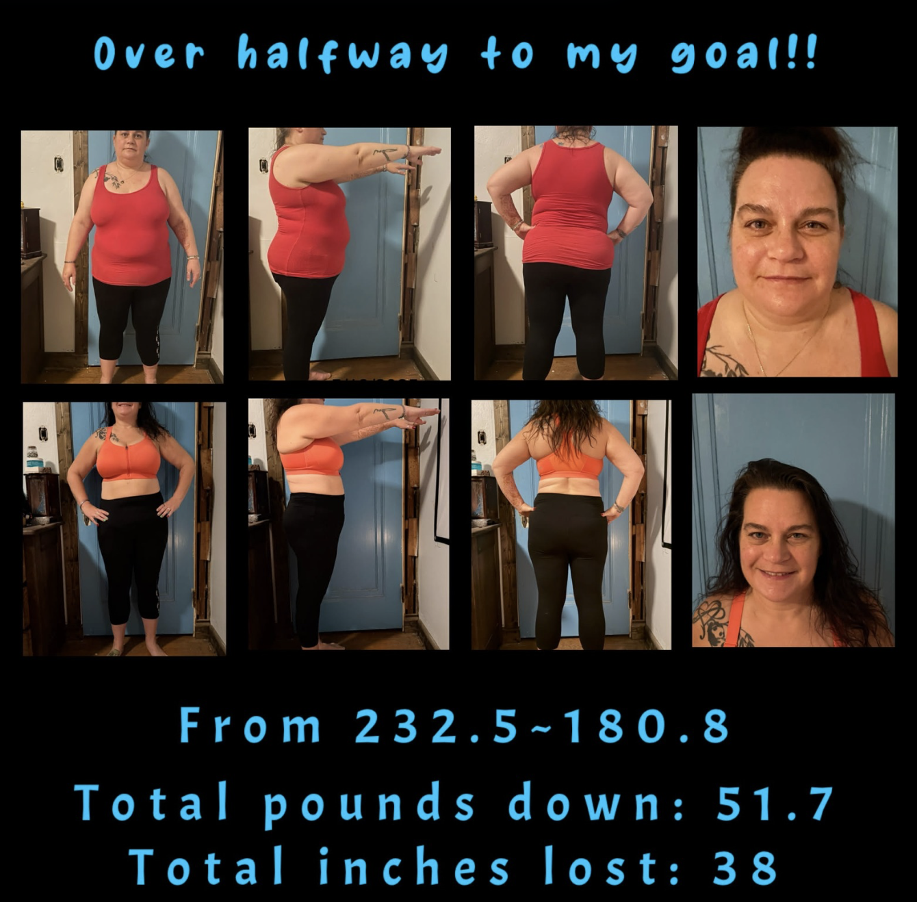 Tara — Over halfway to my goal! Down 51.7 lbs and 38 inches